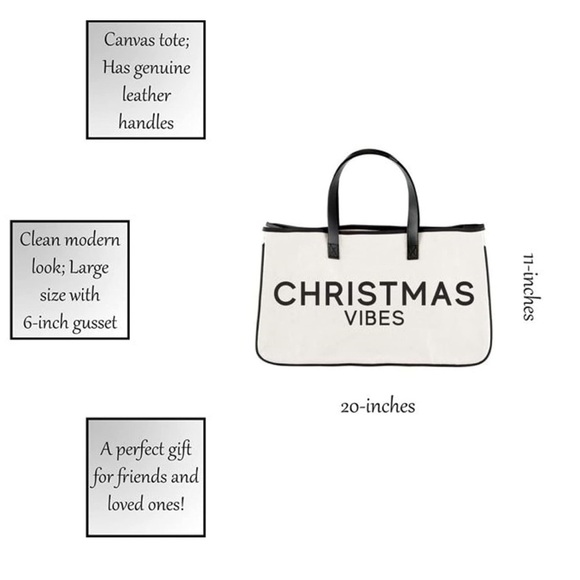Santa Barbara Tote Bag Cotton Canvas Leather Handles Black/White Christmas Vibes - Picture 15 of 15